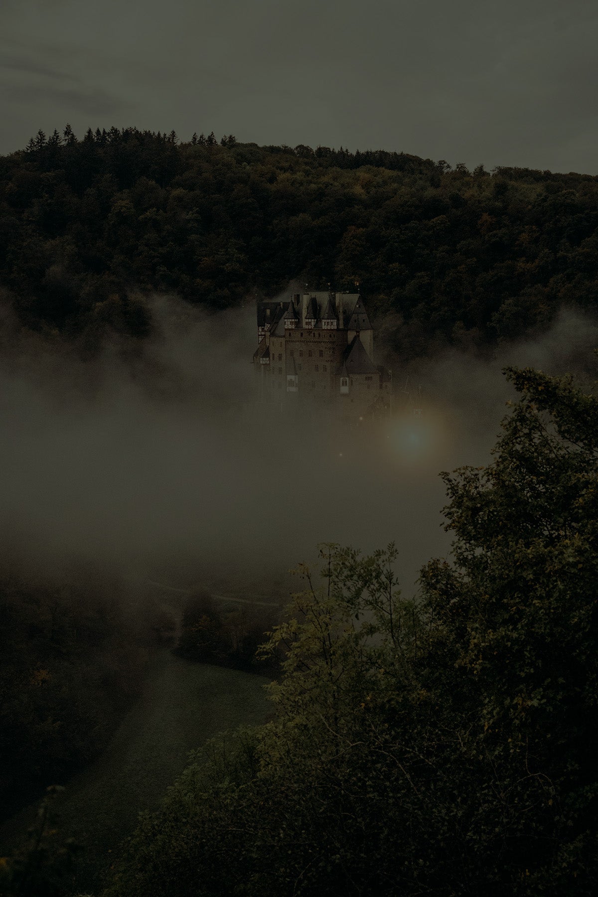 Distant castle seen through fog and forest foliage, capturing the natural and mystical essence of the Druid collection by Fabled Fox Clothiers.